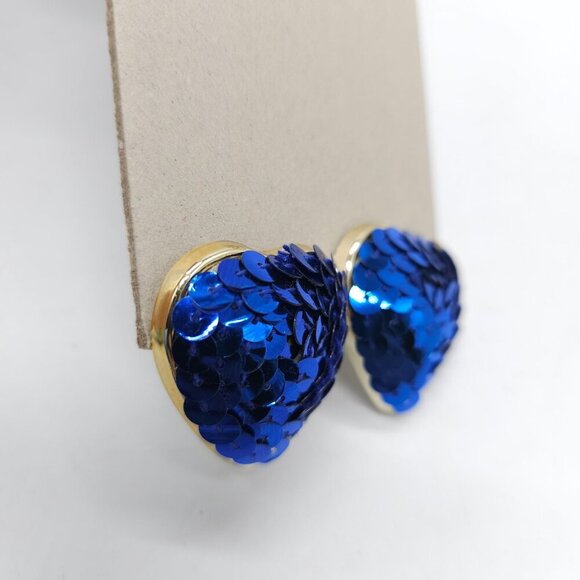 Vintage 1980s Heart Shaped Earrings With Blue Sequin Detailing Gold-Tone Trim - Picture 2 of 5